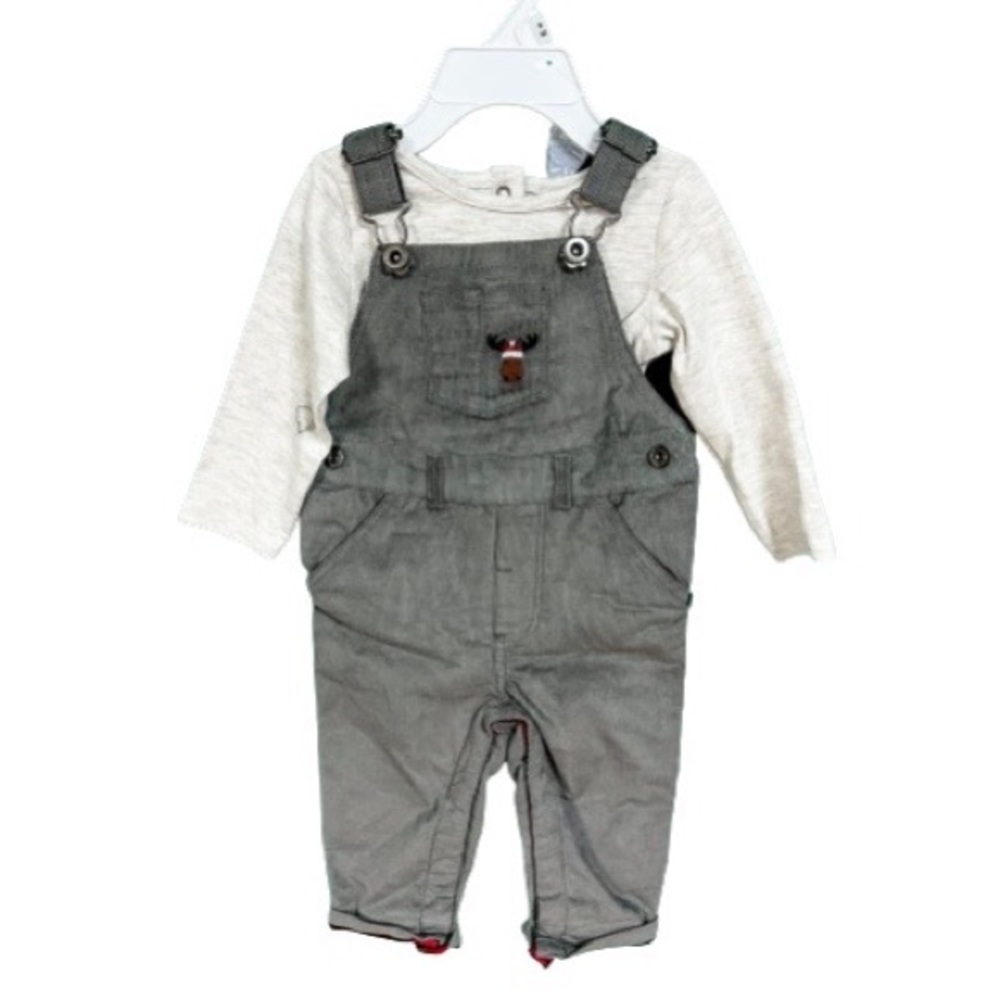 NWT Tommy Bahama Kids Gray & Buffalo Plaid Reindeer Overalls Outfit Size 3-6M